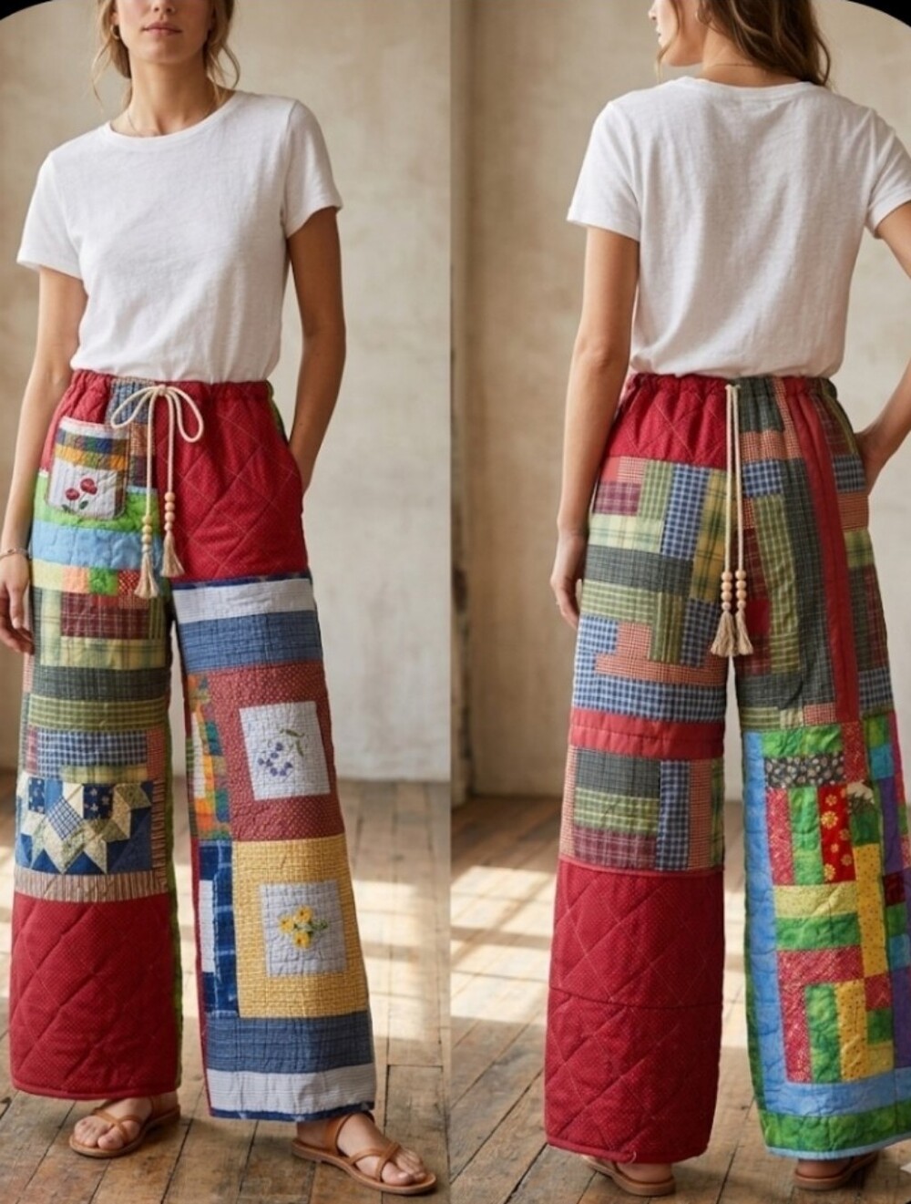 Upcycled Quilt Patch Palazzo Pants M-L Tall Handmade Dont Throw It Out